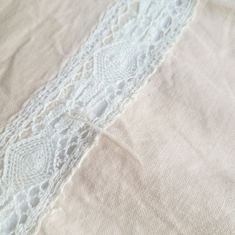 Vintage Handmade Linen Round Tablecloth Lace Ivory Floral Basket‎ Embroidery